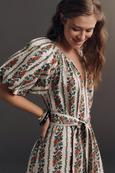 Fairground Belted Puff-Sleeve Midi Dress