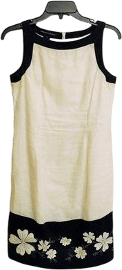 Vintage 1990s Black and White Linen Dress with Floral Embroidery