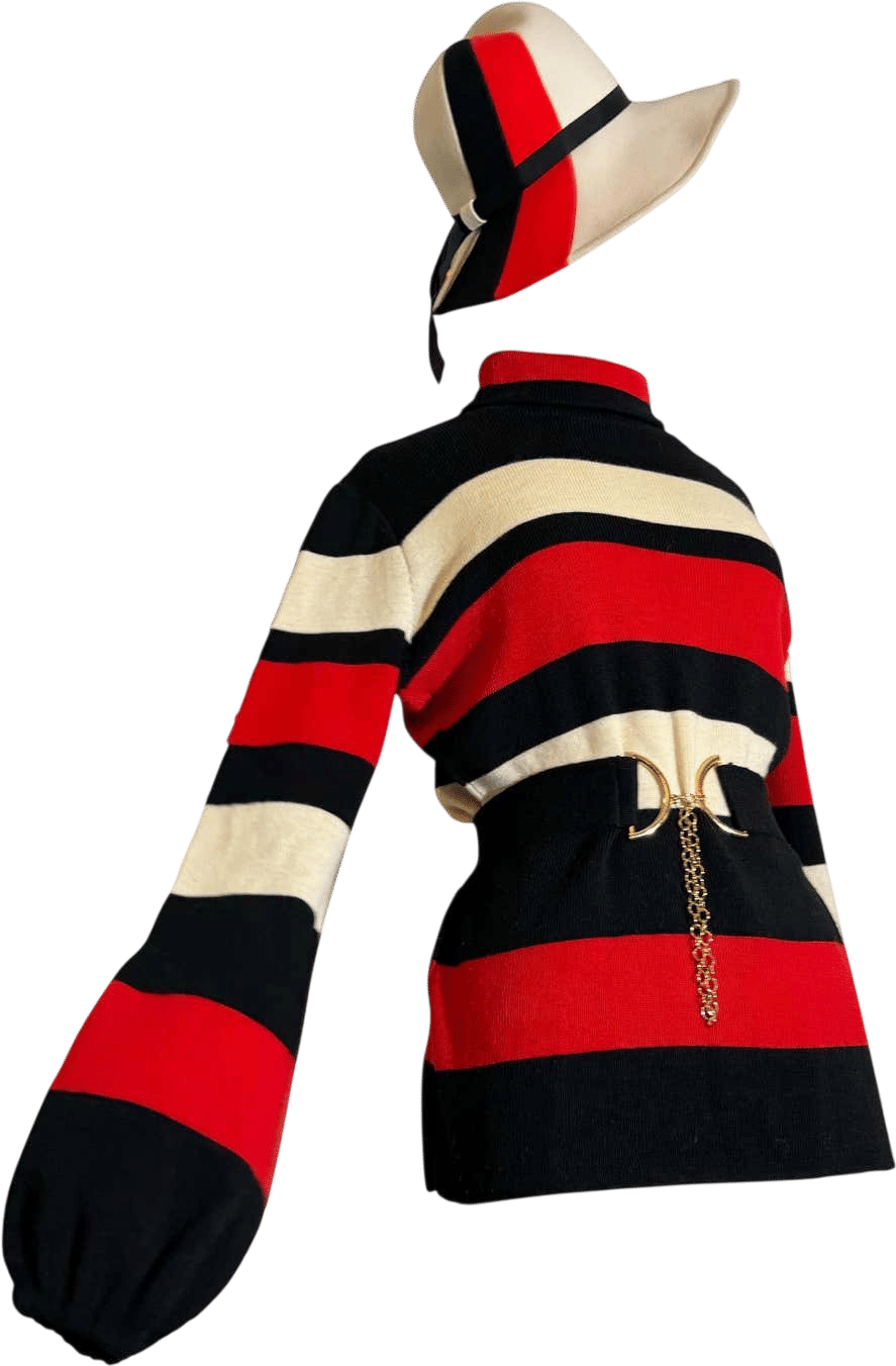 Late 60s Saks Fifth Avenue Color-Block Hat & Wool Knit Striped Sweater Ensemble