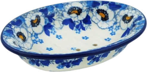 Polish Pottery Blue and Orange Floral Soap Dish