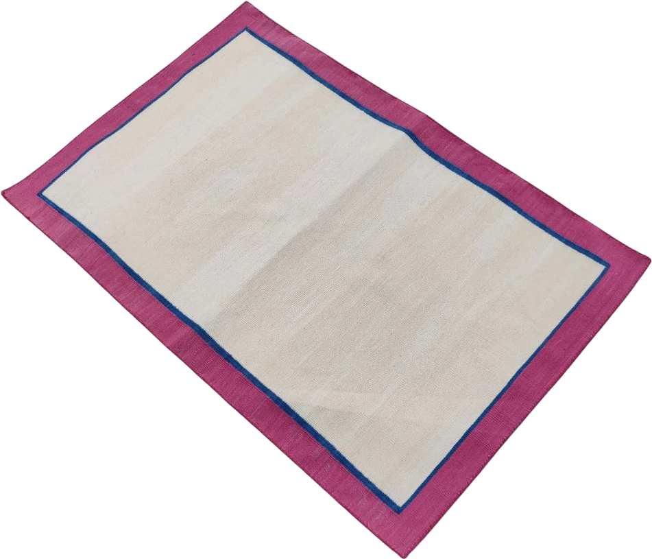 Handmade Cotton Area Flat Weave Rug, 2x3 Cream And Pink Bordered Indian Dhurrie