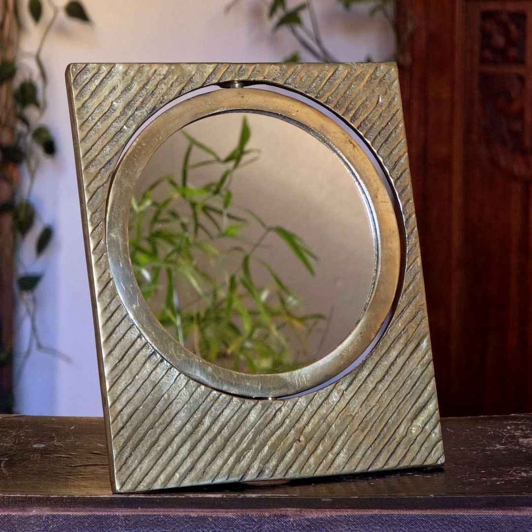 Rotating Vanity Mirror Solid Brass Brutalist Vintage Decor