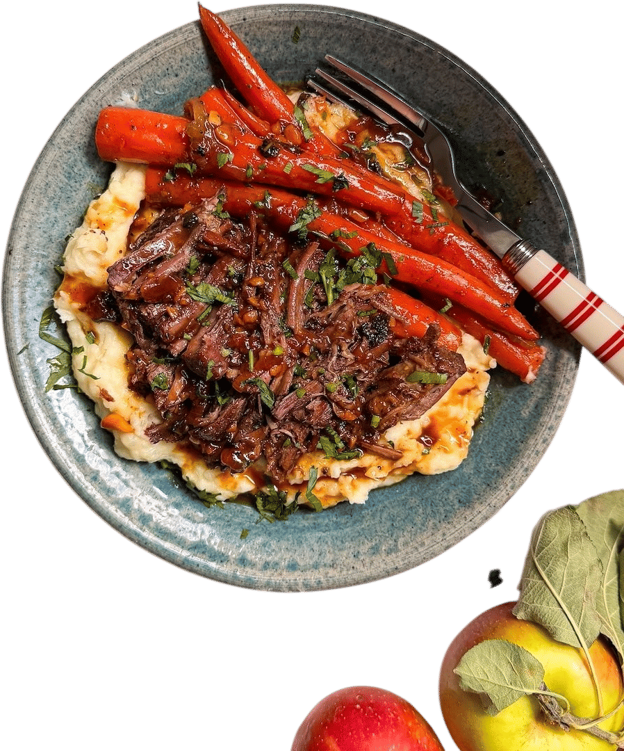 Apple Cider Pot Roast with Creamy Roasted Garlic Mashed Potatoes