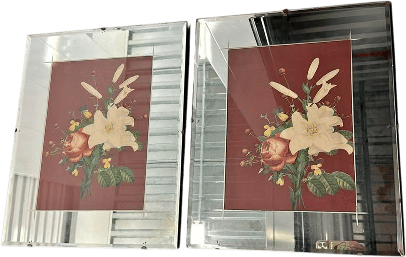 1940s Vintage Framed Mirrored Floral Wall Hangings