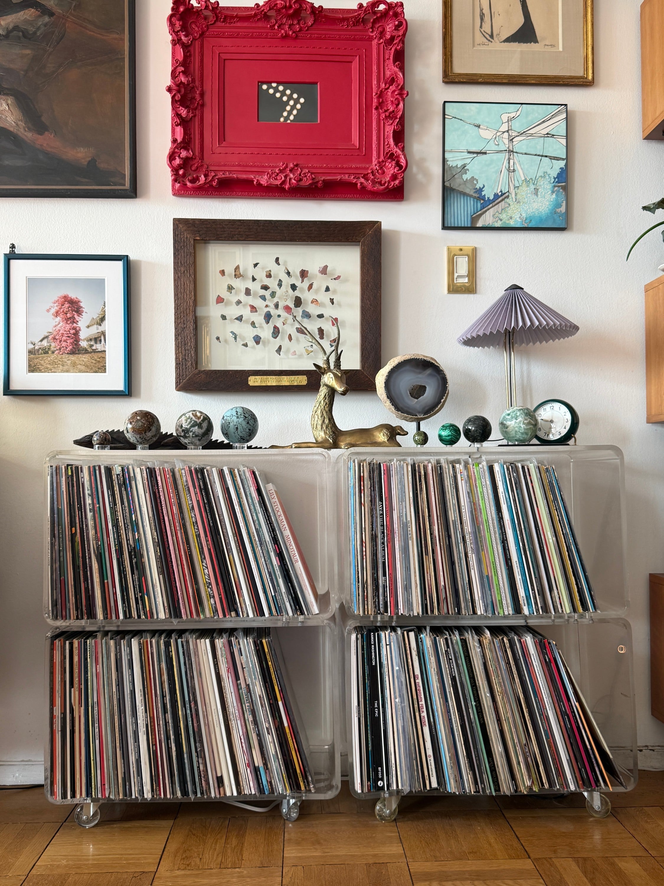 CB2 Peekaboo Acrylic Rolling Two Shelf