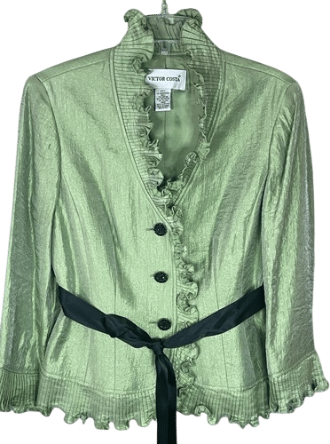 VINTAGE Victor Costa Womens Green Pleated Ruffled Top Sz 8 Victorian Blazer 80s