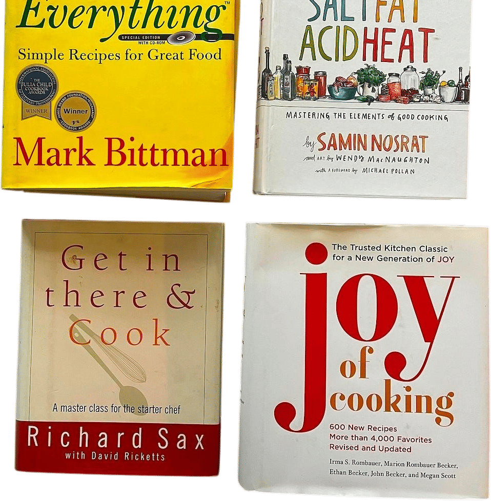 Essentials of Italian Cooking by Marcella Hazan. Ratio: The Simple Codes Behind the Craft of Everyday Cooking by Michael Ruhlman. Salt Fat Acid Heat by  Samin Nosrat. You can use all pages on that!