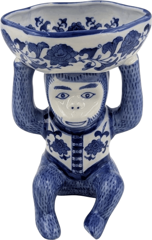 Vintage Blue & White Chinoiserie Porcelain Monkey Figurine