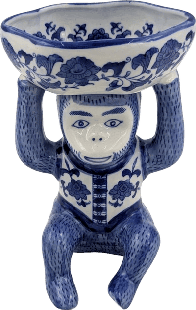 Vintage Blue & White Chinoiserie Porcelain Monkey Figurine