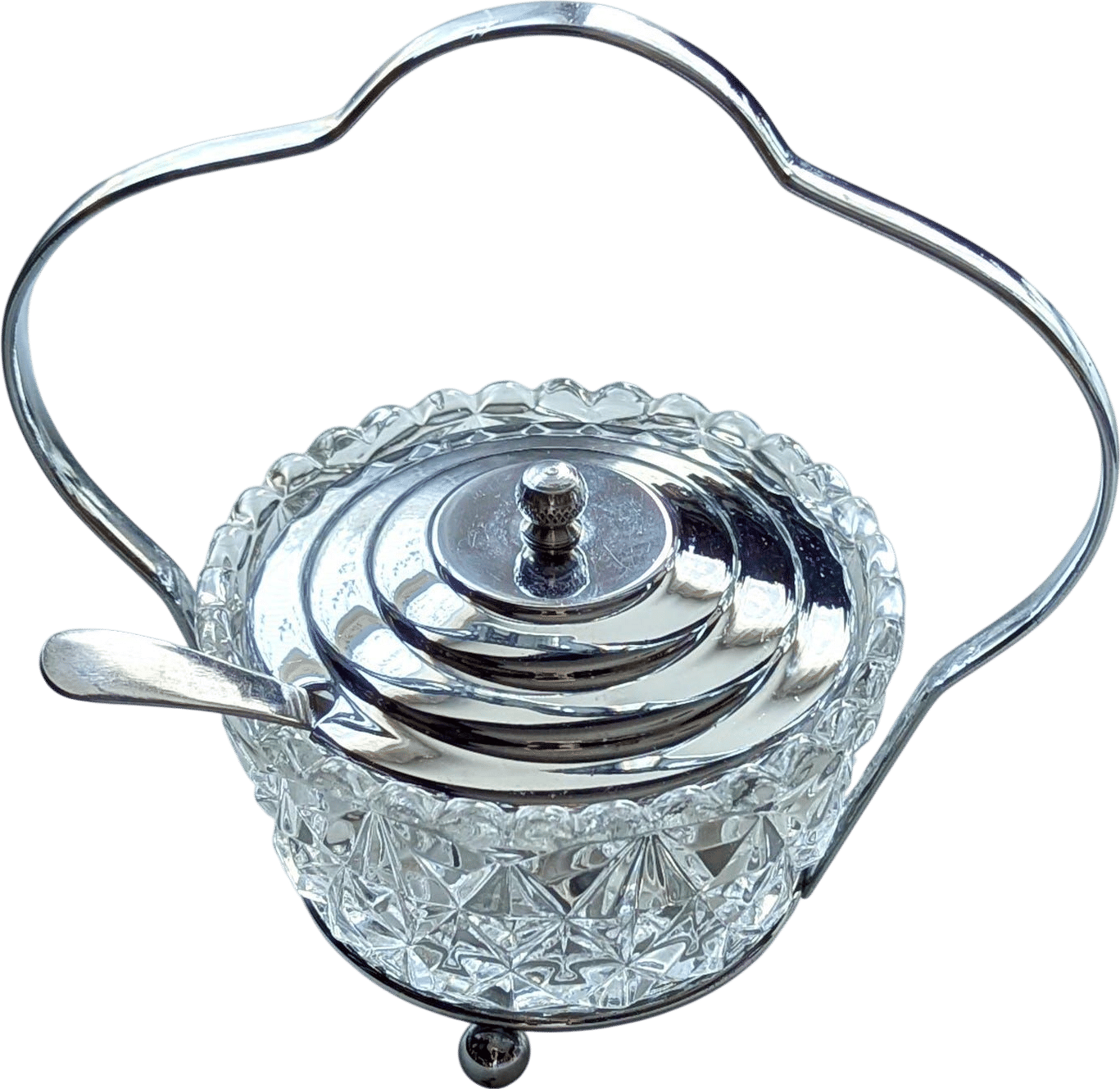 Crystal Glass Vintage Sugar Bowl with Handle & Spoon