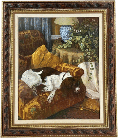 Vintage Painting of a Sleeping Dog on a Couch