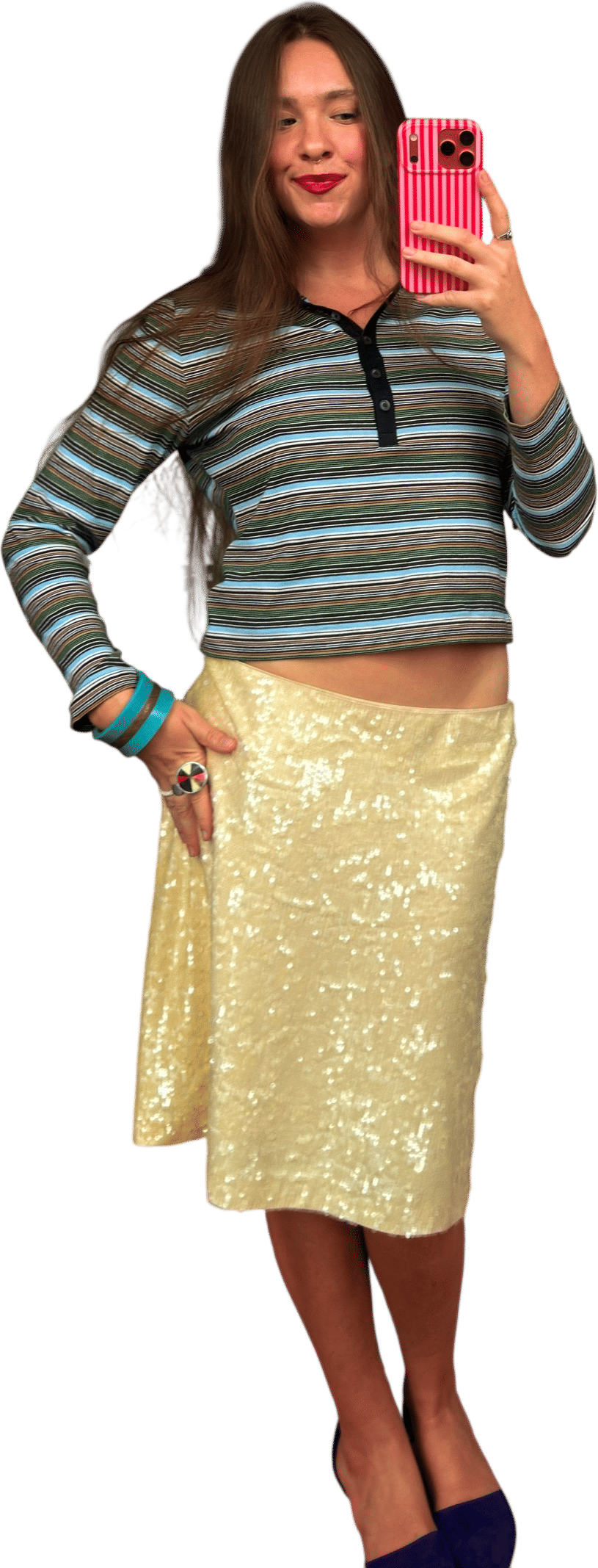 Casual top, sequin bottom