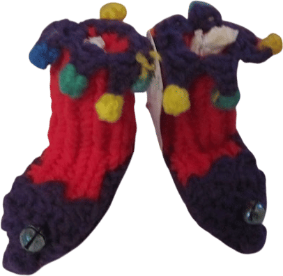 Knitted Court Jester Elf Baby Booties Unisex No Skid Soles warm Xmas Rd Purple Multi Jingle Bell 1 year 12 - 18 months