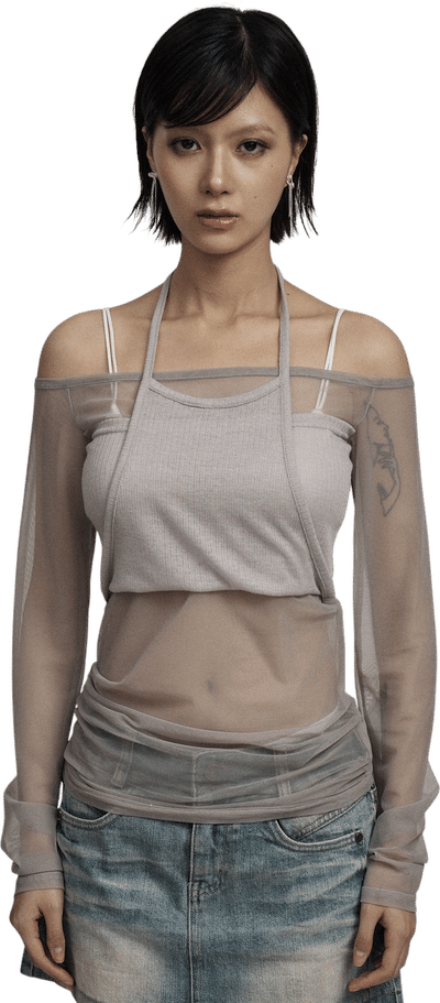 Gray Angel Wing Mesh Long Sleeve