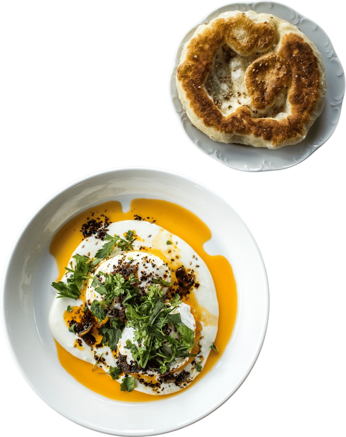 Turkish Eggs with Flatbread + Sesame Seeds.