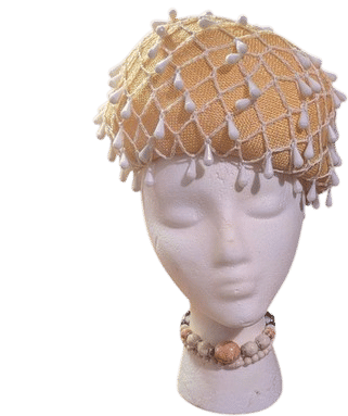 Vintage 1960s MCM Beaded Light Beige Woven Straw Puffy Bubble Hat, Mr. John Jr.