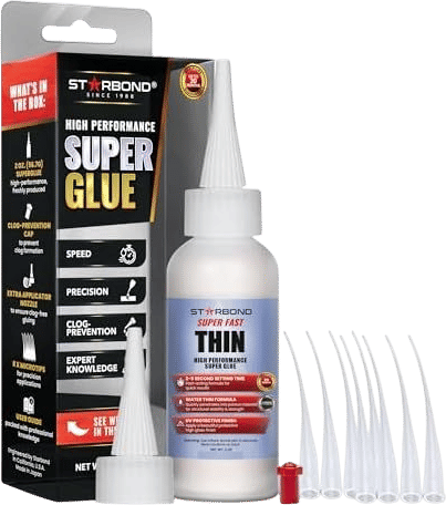 Starbond Thin Super Glue Pro Kit (2 oz) – Super Fast CA Glue (Cyanoacrylate Adhesive) – with Clog-Resistant Cap, Microtips & Extra Nozzle for Woodworking, Woodturning, Precision Bonding, Inlays