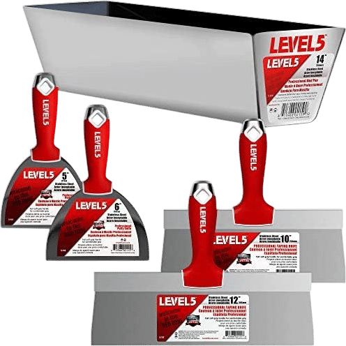 LEVEL5 Drywall Finishing Hand Tool Kit | 5, 6 Inch Joint Knives, 10, 12 Inch Taping Knives, 14 Inch Mud Pan | Stainless Steel Blades, Soft Grip Handles | Sheetrock Gyprock Plasterboard | 5-600