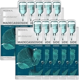Mediheal Madecassoside Essential Sheet Mask Blemish Repair 10 pcs. 98% Purity Madecassoside & Hyaluronic Acid Included. Enhancing Moisture Barrier & Skin Texture Care. Vegan Formula Sheet Mask