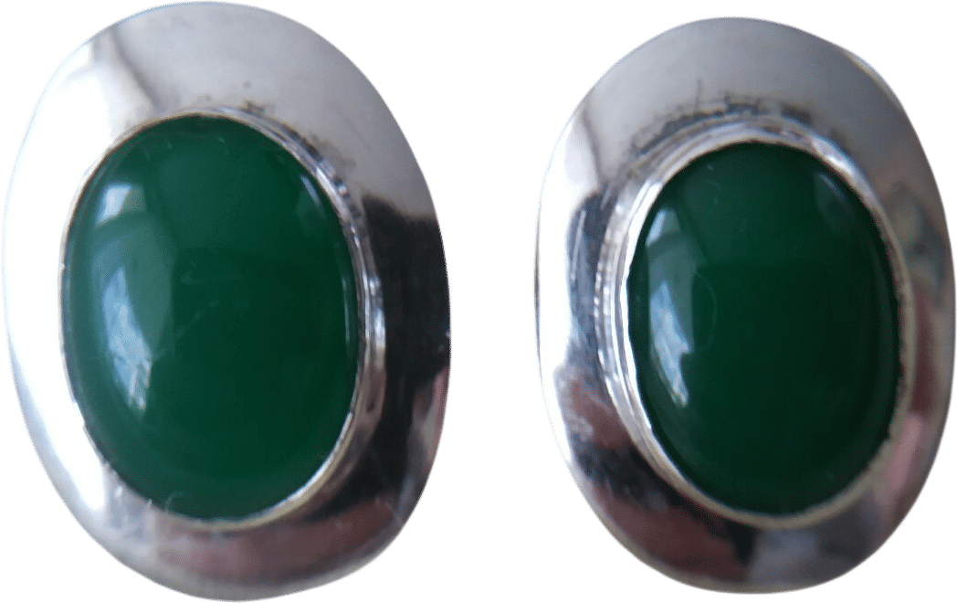 Vintage Sterling Silver Green Onyx Oval Post Stud Earrings