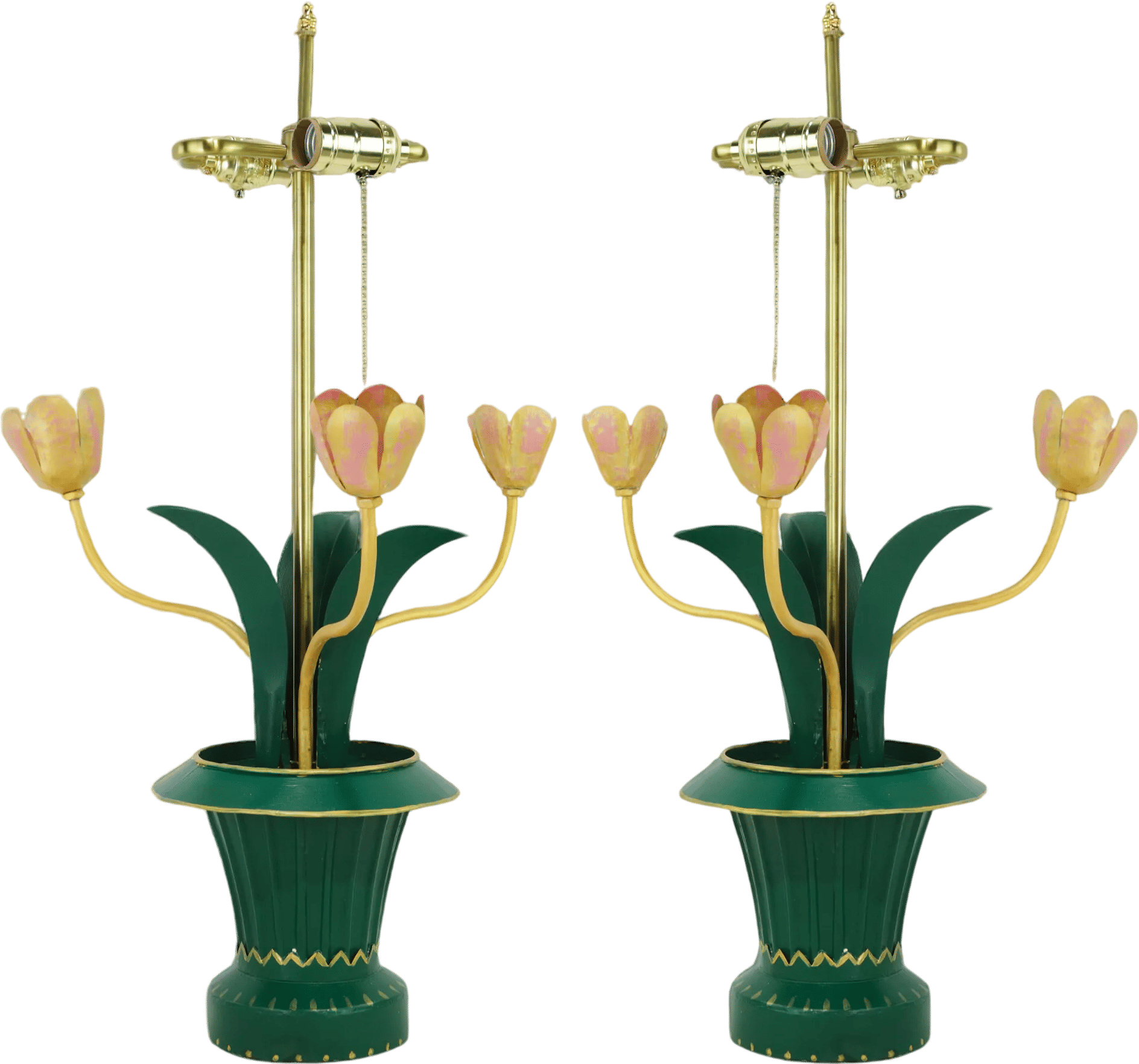 Vintage Brunschwig & Fils Green Tole Flower Table Lamps, Yellow and Pink Tulip Design - a Pair on Chairish https://www.chairish.com/product/35508040/a-pair-of-vintage-brunschwig-fils-green-tole-flower-table-lamps-yellow-and-pink-tulip-design