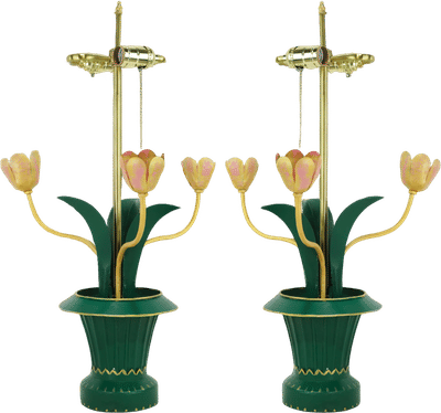 Vintage Brunschwig & Fils Green Tole Flower Table Lamps