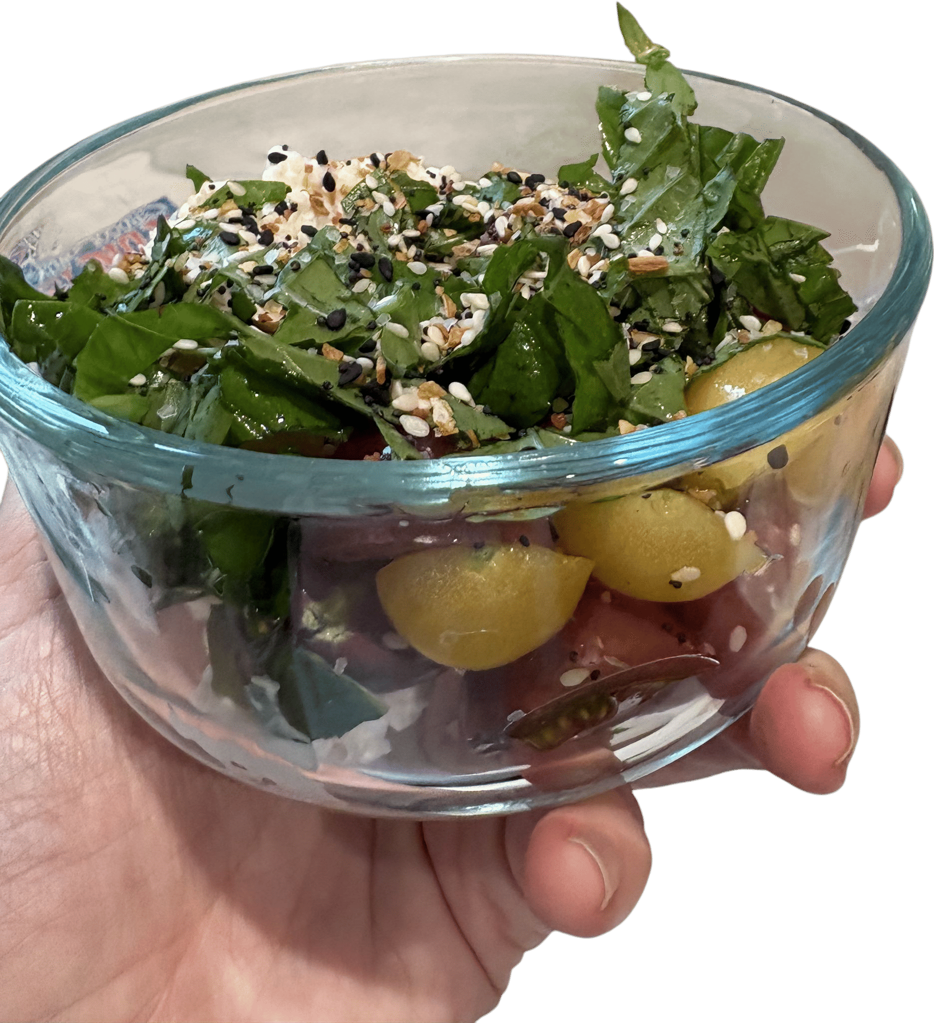 cottage cheese with cherry tomatoes, basil and everything bagel topping