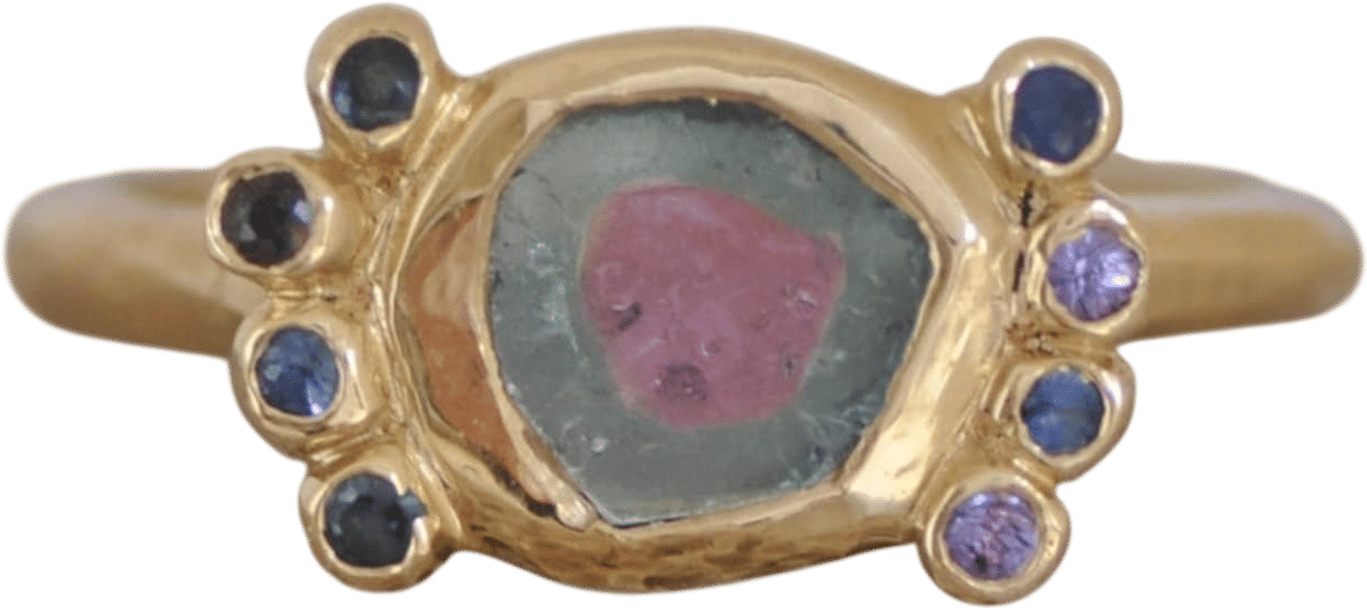 Watermelon Tourmaline and Sapphire 18k Gold Ring