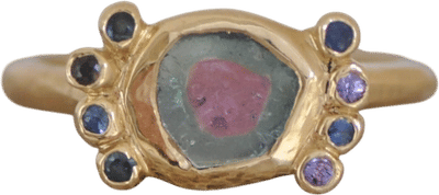 Watermelon Tourmaline and Sapphire 18k Gold Ring