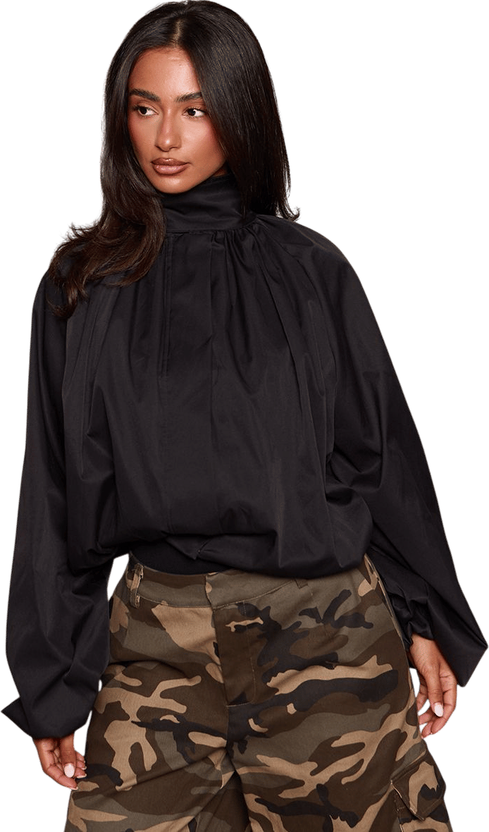 Black Pleated Collar Elasticated Hem Windbreaker Jacket