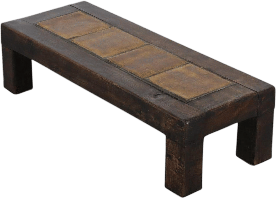 Roger Capron Style Brutalist Oak and Ceramic Tile Table (1970s)