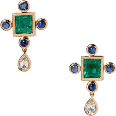 Emerald, Sapphire, and Diamond Earrings