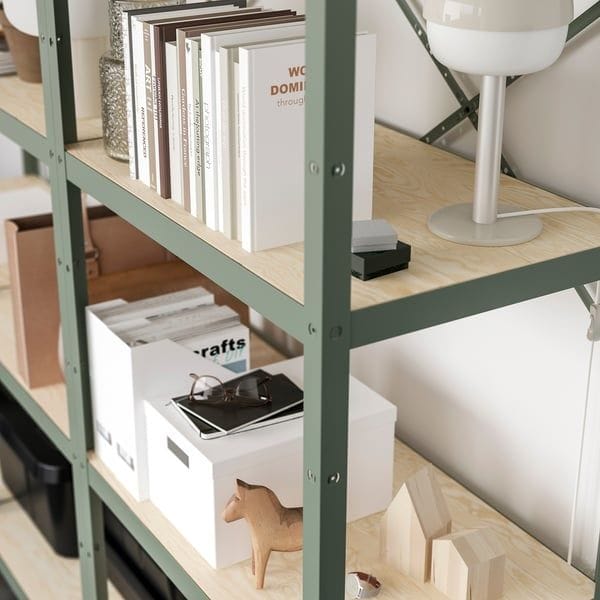 BROR shelving unit, gray-green/pine plywood