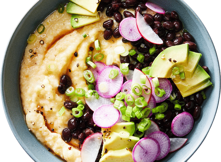 Cheese Grits With Saucy Black Beans, Avocado and Radish