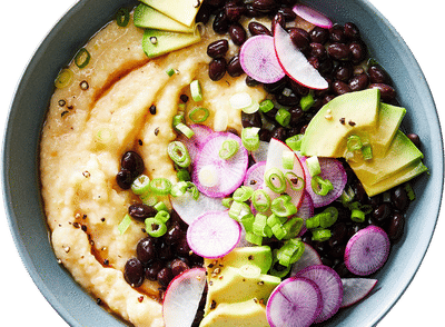 Cheese Grits With Saucy Black Beans, Avocado and Radish Recipe