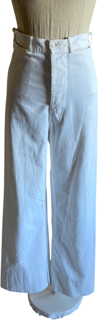 vintage 40s wwii usn white cotton pants button fly wide leg sailor deck welt pocket ww2 1940s deck trousers high waist 28