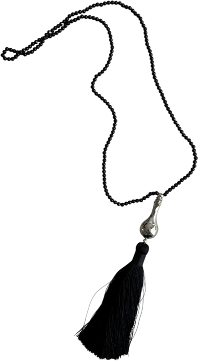 Hand-Strung Onyx Necklace with Vintage Silver Perfume Pendant