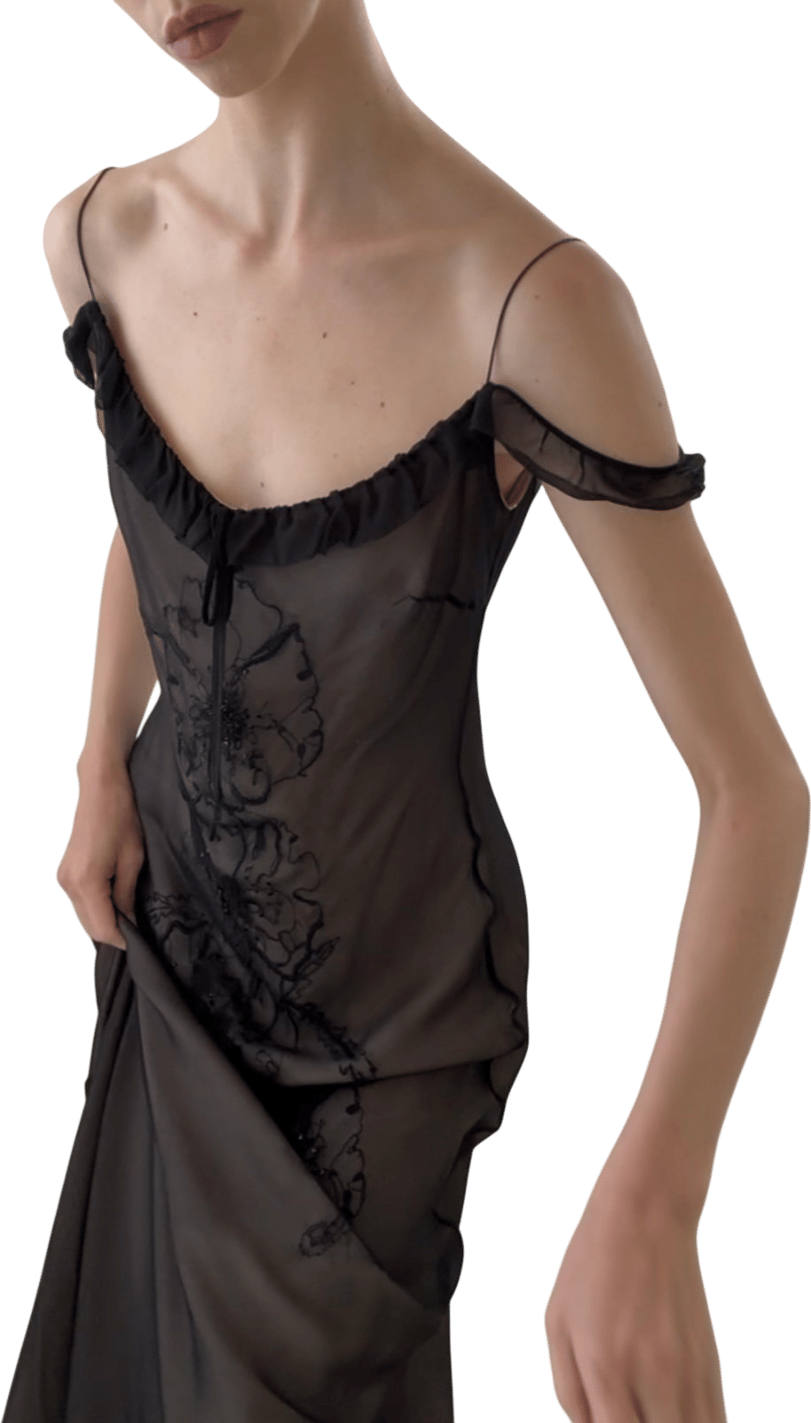 Ethereal Off The Shoulder Black Silk Overlay Gown