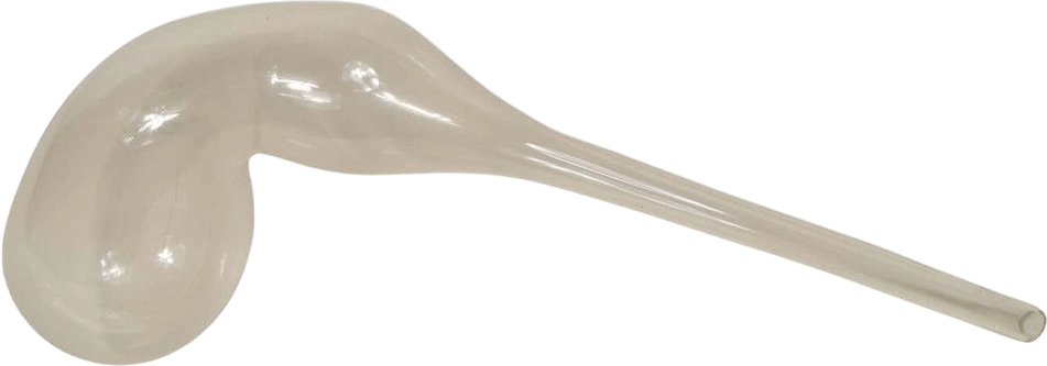 Transparent blown glass laboratory retort from the early 19th century.