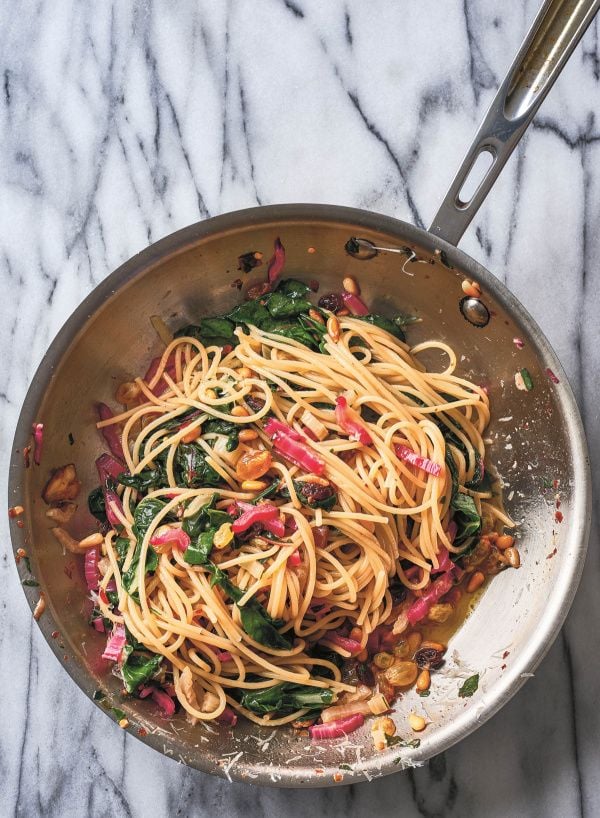 Spaghetti with Swiss Chard, Pine Nuts, Raisins, and Chiles (Nigella Lawson)