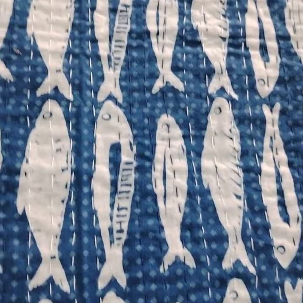 Indigo Fish Kantha Quilt Hand-stitched Indian Throw Blanket