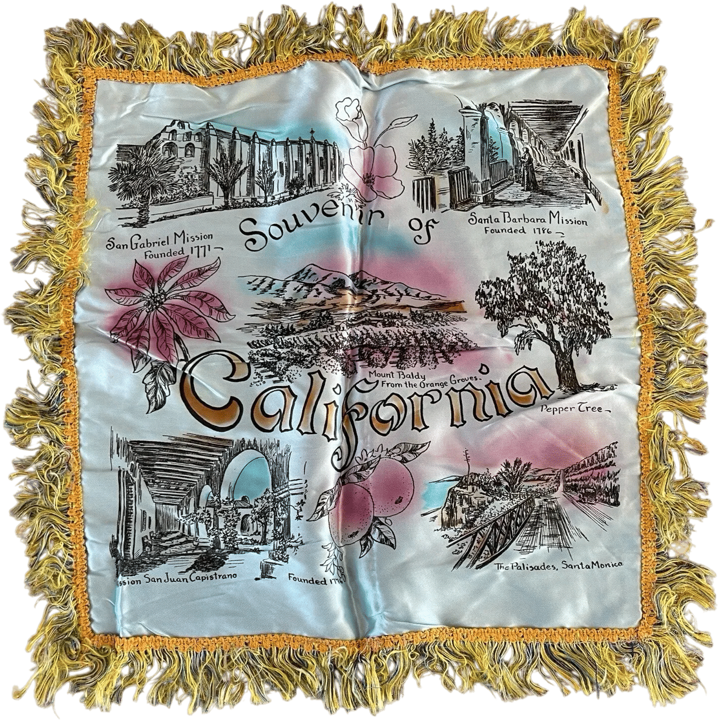 VTG 40s California Souvenir Pillow Cover Baby Blue Silk With Fringe