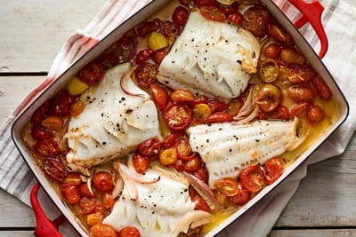 One-Pan Roasted Fish With Cherry Tomatoes Recipe