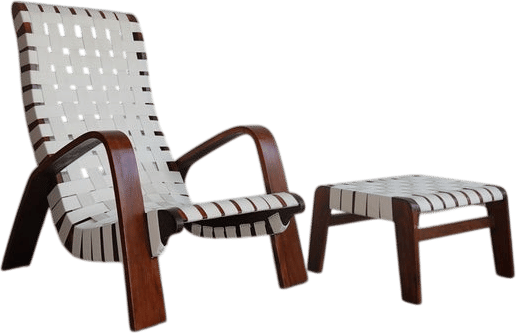 1930s Bentwood & Canvas Modernist Lounge Chair & Ottoman