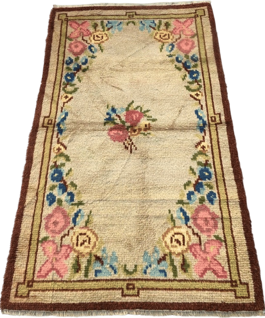Vintage Floral Cream Rya Rug with Brown Border