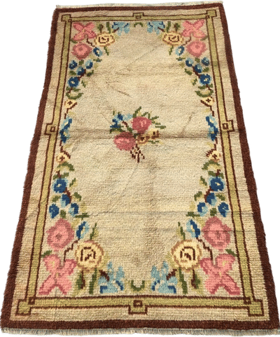 Vintage Floral Cream Rya Rug with Brown Border