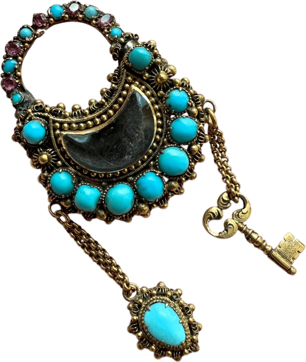 Gold Turquoise and Ruby Georgian Padlock Brooch