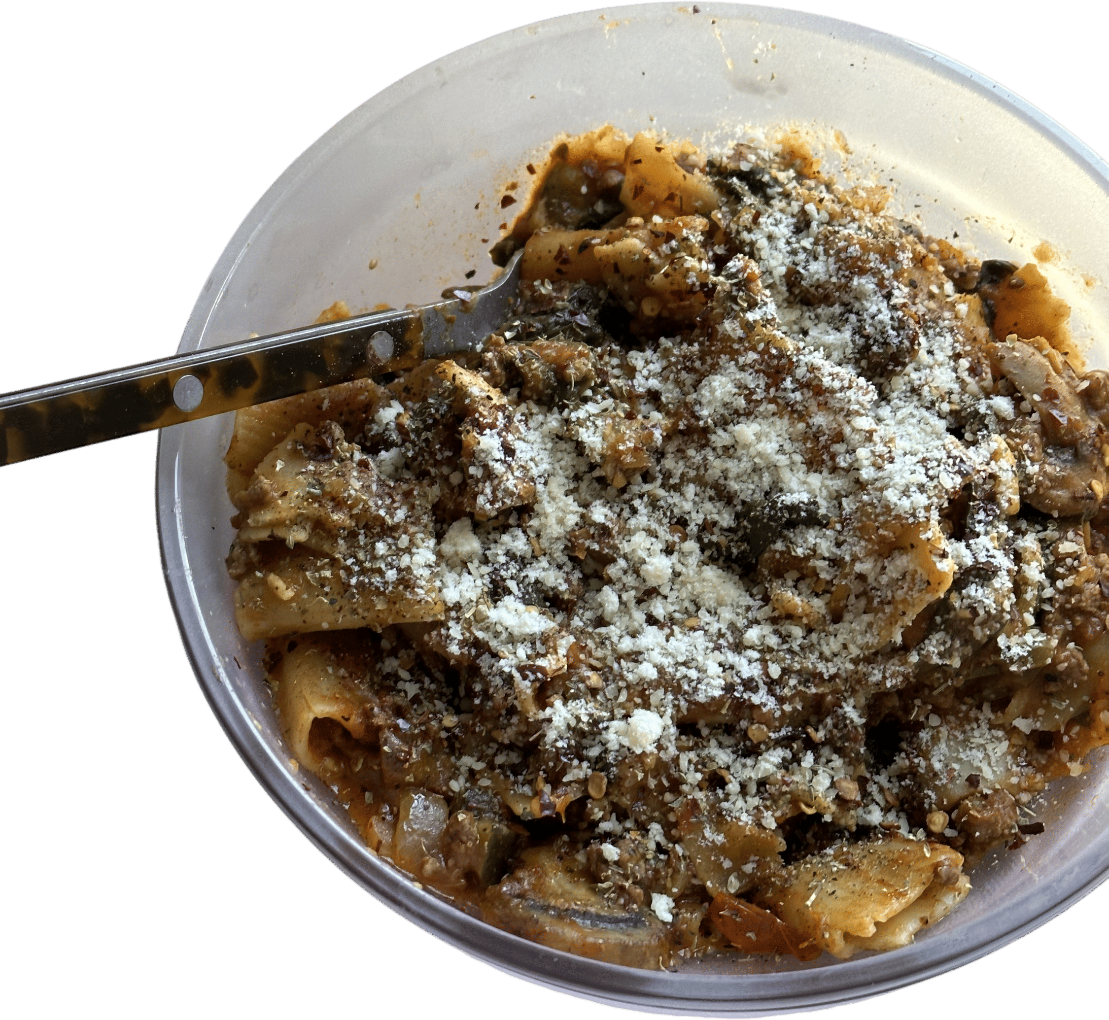 Ground beef pasta with jarred sauce + kale
