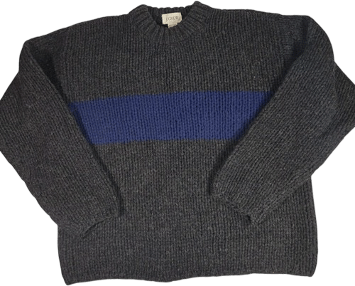 VTG J.CREW Mens 90's Grey Blue Stripe Wool Hand Knit Chunky Sweater - Size Large