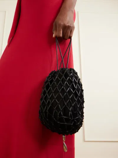 Macrame Bead-Embellished Leather Pouch